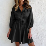 Button Up Drawstring Waist Long Sleeve Mini Dress