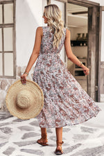 Sleeveless V-Neck Floral Print Loose Flared Midi Dress