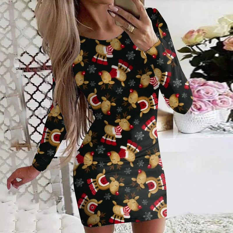 Fashion Round Neck Long Sleeve Print Mini Dress