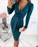 Deep V-Neck Long Sleeve Belt Slit Midi Dress