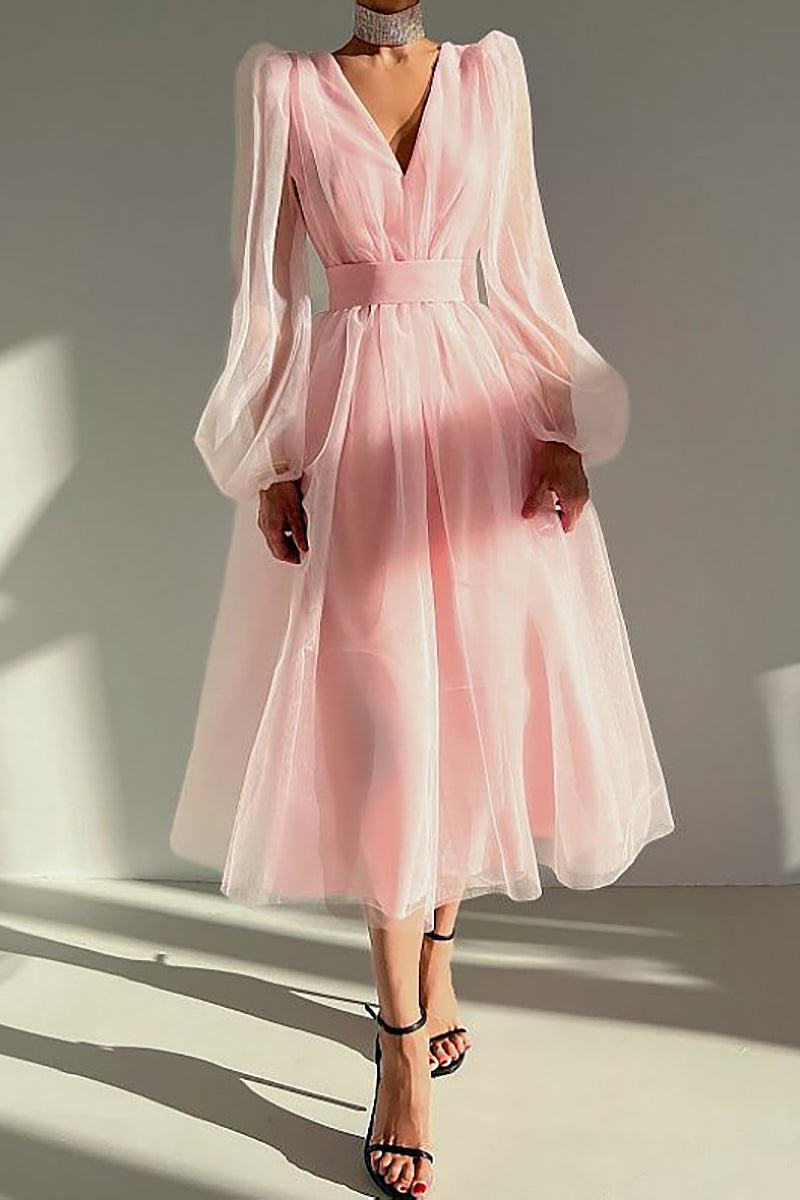 V Neck Tulle Long Sleeve Midi Dress