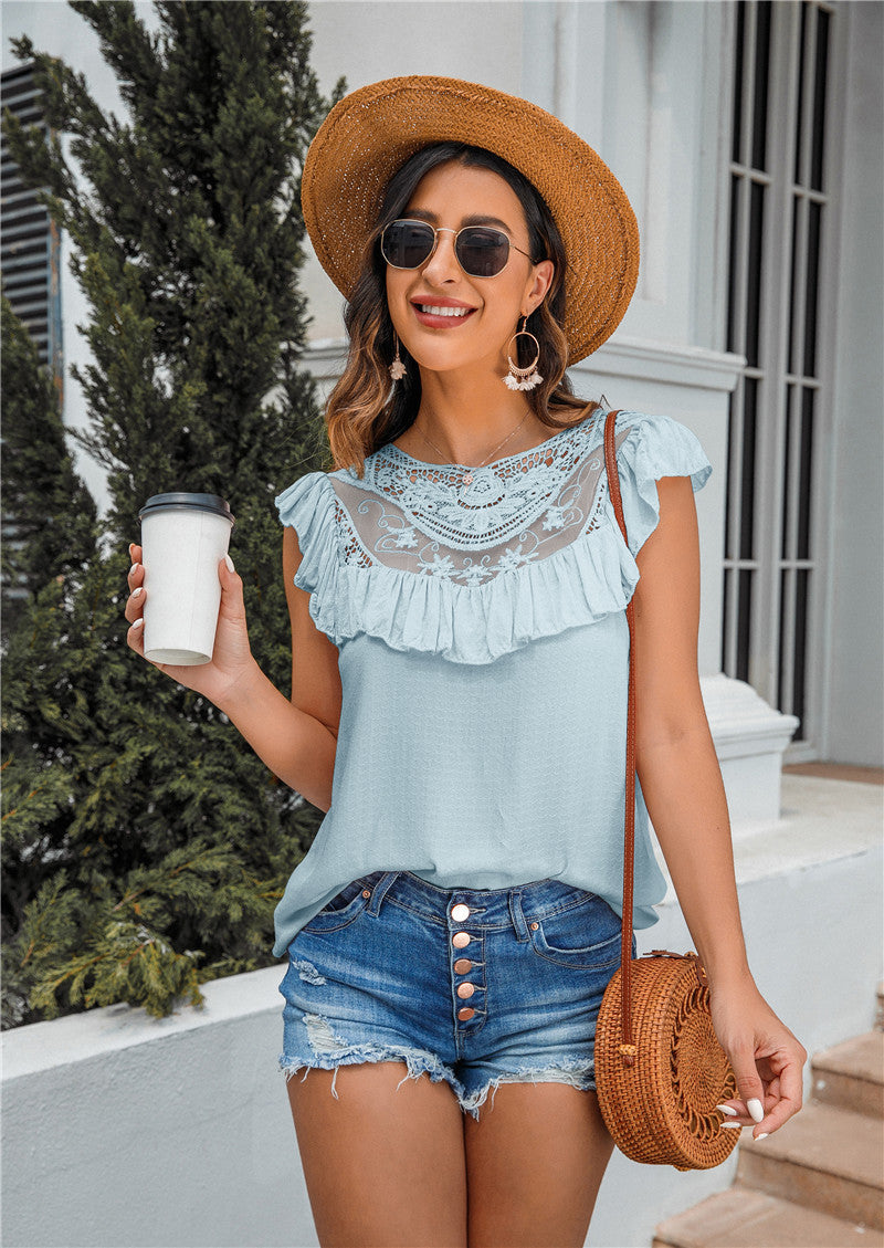 Casual Round Lace Neck Sleeveless Top