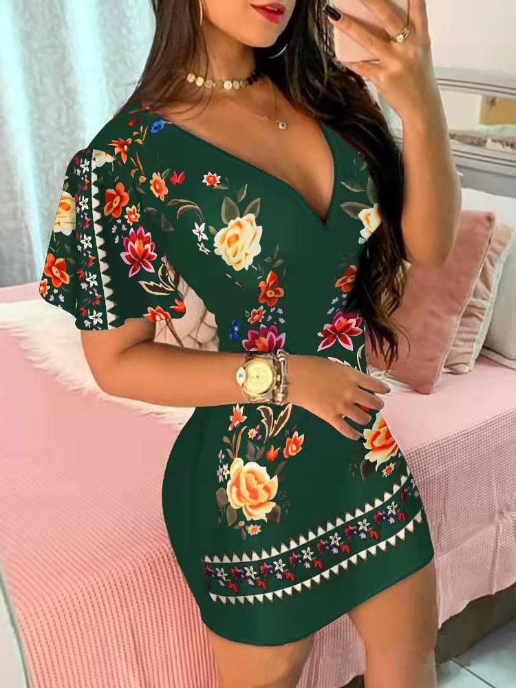 Bodycon V Neck Floral Short Sleeve Mini Dress