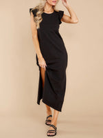 O-Neck Solid Color Double Split Midi Dress