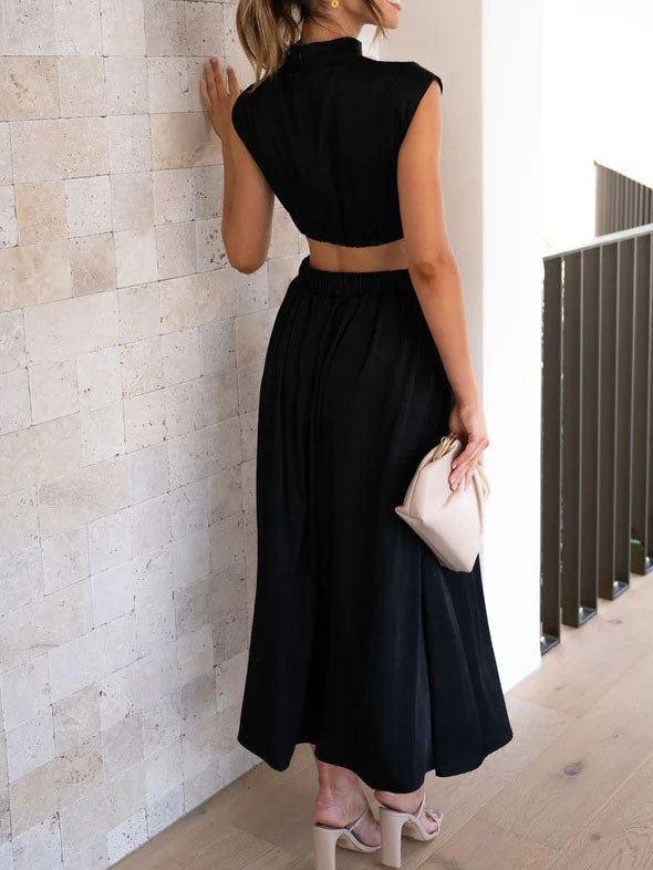 Elegant O-Neck Sleeveless Cut Out Solid Maxi Dress