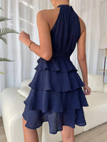 Halter Neck Sleeveless Belted Solid Flared Mini Dress