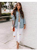 Collar Buttton Down Front Pocket Long Sleeve Denim Shirt Top