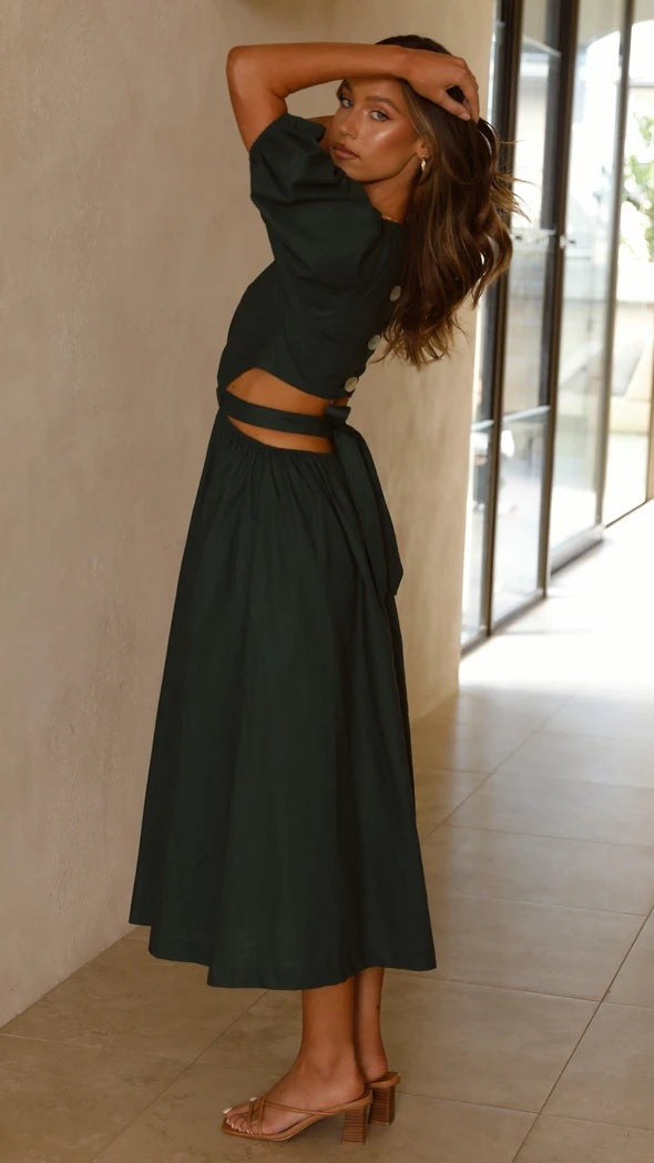 Puff Short Sleeve V Neck High Waist Maxi Dress