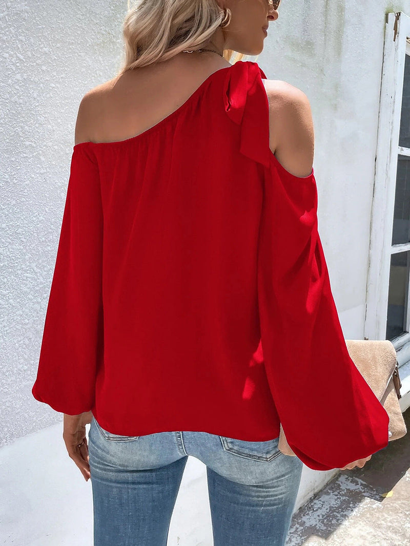 Cold Offshoulder Long Sleeve Solid Color Loose Blouse Top