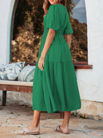 Puff Short Sleeve O-Neck Solid Loose Midi Dress