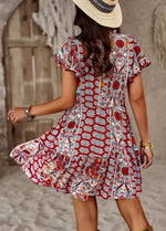 Crew Neck Ruffle Short Sleeve Printed Loose Midi Dress