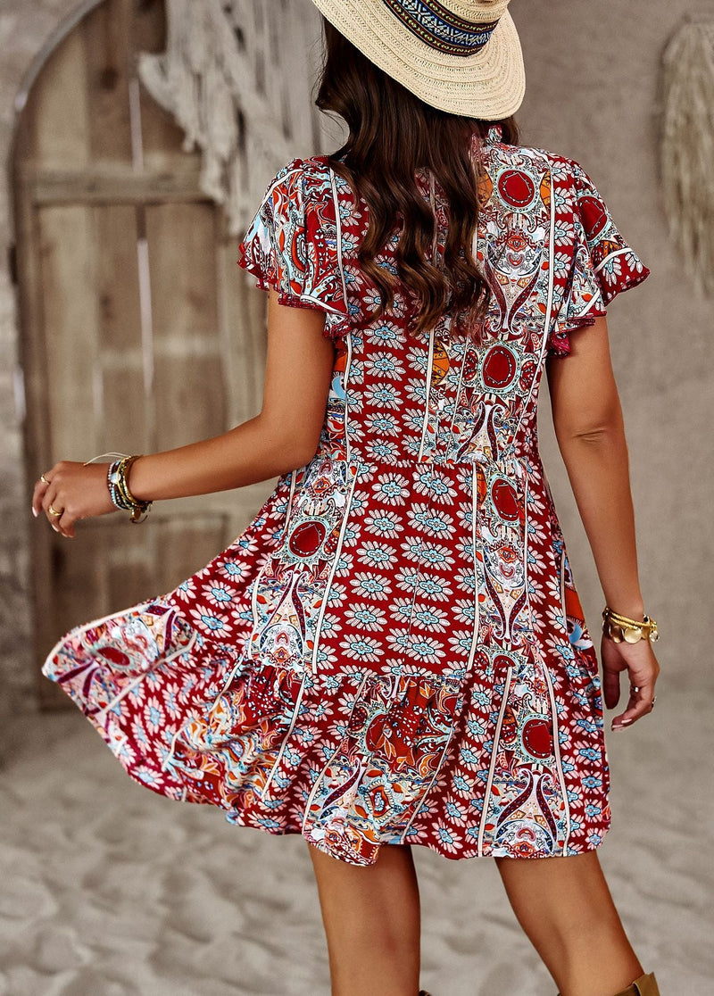 Crew Neck Ruffle Short Sleeve Printed Loose Midi Dress