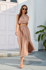 One Knotted Shoulder High Waist Sleeveless Maxi Dress