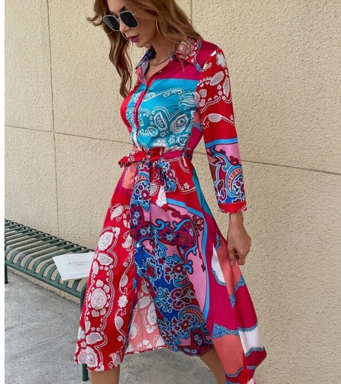 Long Sleeve Printed Belted Foulard Midi Dress