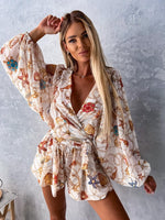 Stylish Wide Sleeve Deep V Neck Tie Waist Floral Mini Dress