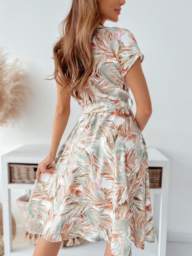 Elegant V Neck Short Sleeve Midi Dress