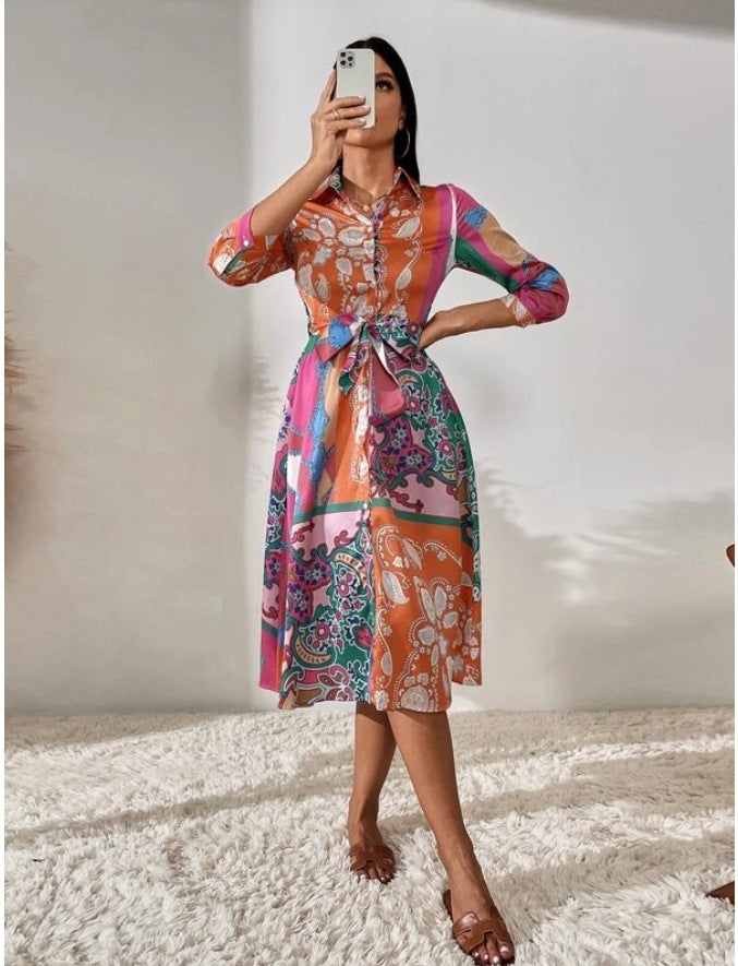 Long Sleeve Printed Belted Foulard Midi Dress