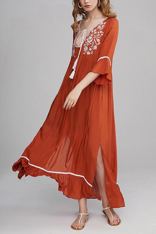 Embroidery Flares Sleeve Maxi Dress