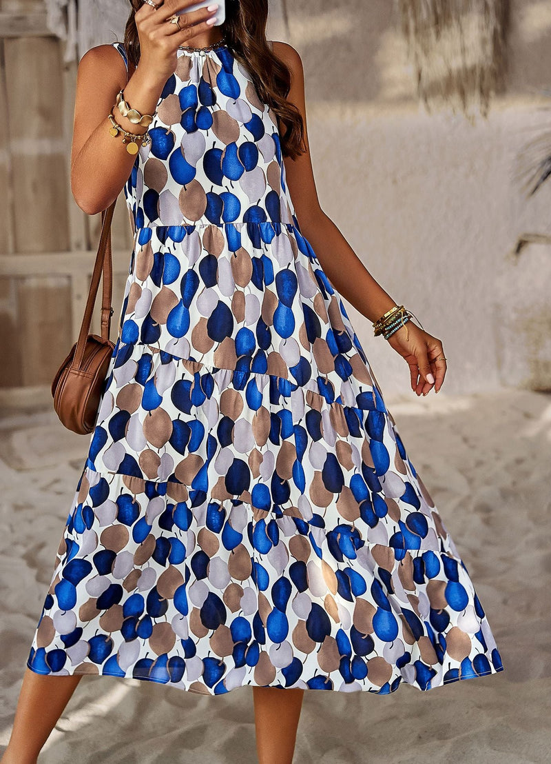 Fashion O-Neck Sleeveless Printed Flared Midi Dress