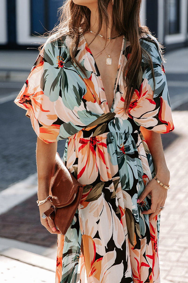 Floral Deep V Neck Side Split Maxi Dress