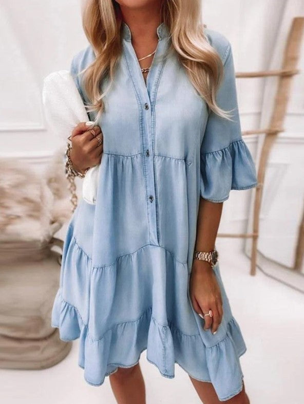 Button Down Short Sleeve Casual Mini Dress