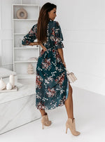 Short Sleeve Flowy V Neck Side Split Maxi Dress