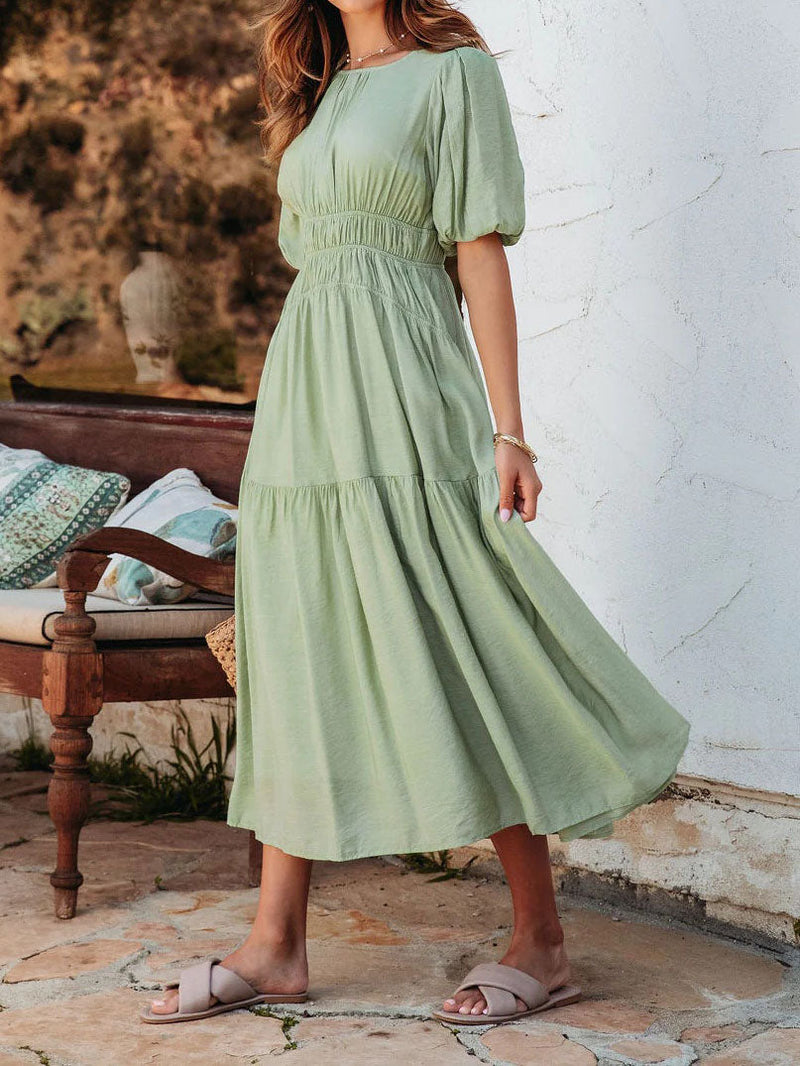 Puff Short Sleeve O-Neck Solid Loose Midi Dress