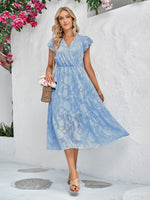 Elegant V-Neck Short Sleeves Lace Solid Maxi Dress