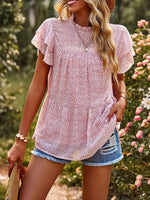 Casual O-Neck Ruffle Short Sleeve Printed Loose T-Shirt