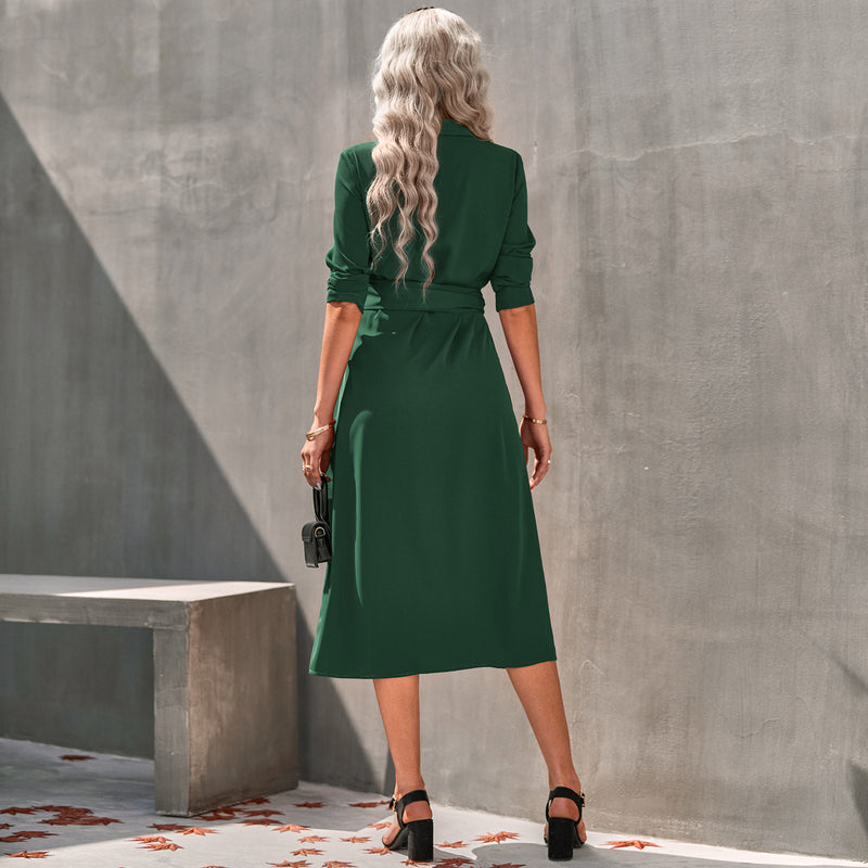 Button Down Collar Long Sleeve Midi Dress