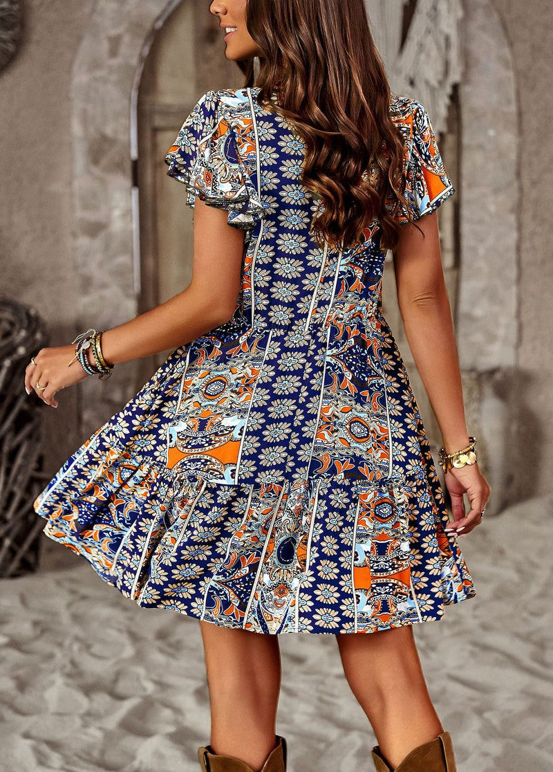 Crew Neck Ruffle Short Sleeve Printed Loose Midi Dress