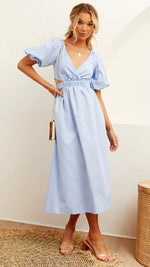 Puff Short Sleeve V Neck High Waist Maxi Dress