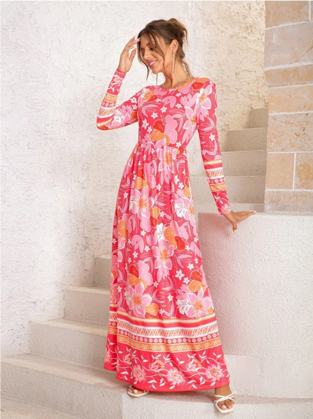 Fashion Floral Print Long Sleeve O-Neck Maxi Dress