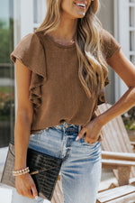 Crew Neck Ruffle Short Sleeve Solid Loose Blouse