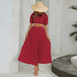 Short Sleeve O-Neck Solid Color Belted Flared Maxi Dress