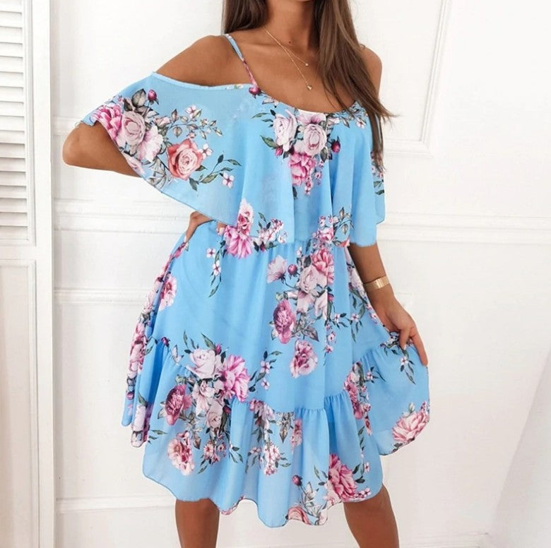 Floral Off Shoulder Spaghetti Strap Mini Dress