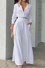 Button Cross Wrap Blouse Wide Leg Pants Set