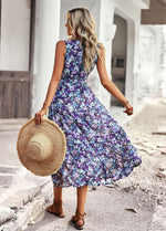 Sleeveless V-Neck Floral Print Loose Flared Midi Dress