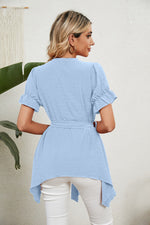 V-Neck Short Ruffle Sleeve Belted Solid Blouse