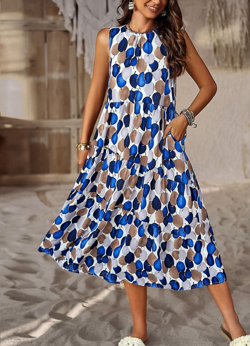 Fashion O-Neck Sleeveless Printed Flared Midi Dress