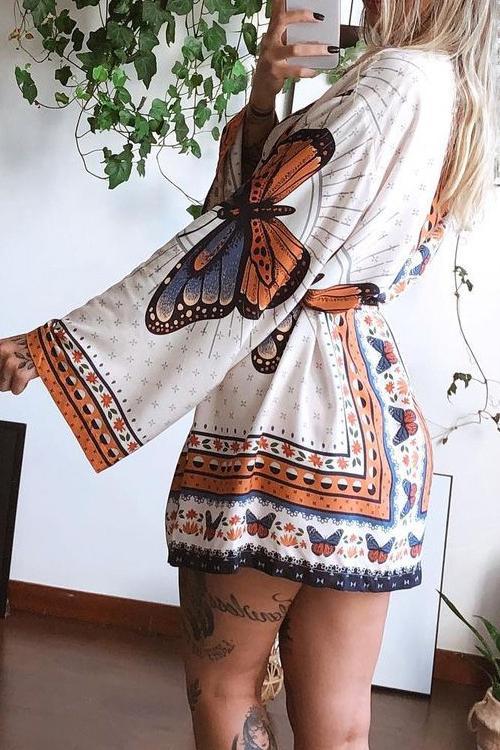 Print Bat Long Sleeve Bleted Mini Dress