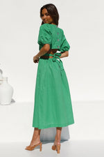 Puff Short Sleeve V Neck High Waist Maxi Dress