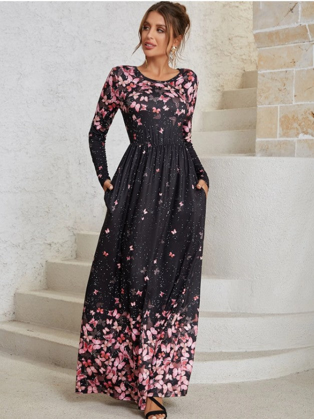 Fashion Floral Print Long Sleeve O-Neck Maxi Dress