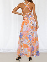 Halter Neck Cross Back SleevelessFloral Maxi Dress