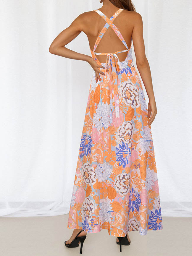 Halter Neck Cross Back SleevelessFloral Maxi Dress