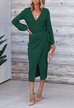 V-Neck Long Sleeve High Waist Wrap Midi Dress