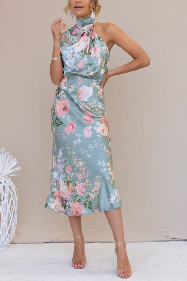 Turtleneck Sleeveless High Waist Floral Print Midi Dress