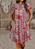 Crew Neck Ruffle Short Sleeve Printed Loose Midi Dress