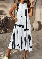 Fashion O-Neck Sleeveless Printed Flared Midi Dress