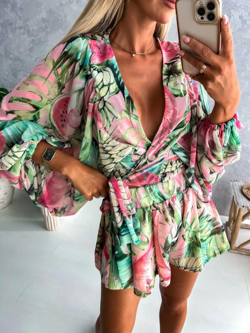 Stylish Wide Sleeve Deep V Neck Tie Waist Floral Mini Dress